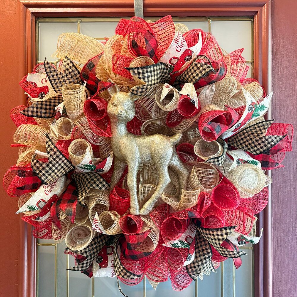 Golden Reindeer Deco Mesh Christmas Wreath - 24 inch
